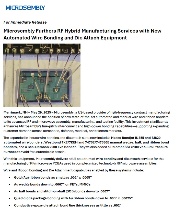 Microsembly's new automated wire bonding and die attach equipment